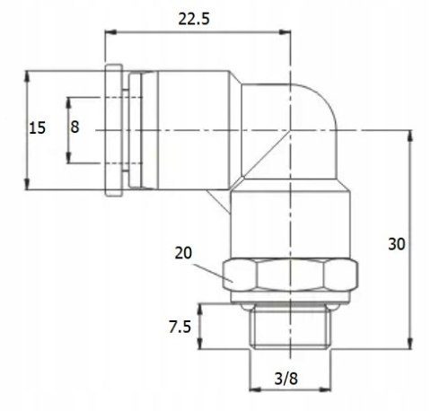 ZŁĄCZKA AUTO KĄTOWA wtykowa 12 - 3/8 GZ kolanko 8mm