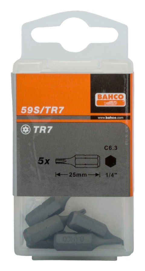 BAHCO Bit 1/4" do śrub TORX, z otworem TR7x25 mm, 5 szt. BAHCO