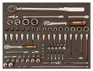 BAHCO Wkładka z pianką z zestawem nasadek i klucz dynamometryczny 1/2" i 1/4" z przedłużaczami i końcówkami wkrętakowymi - 85 szt. BAH