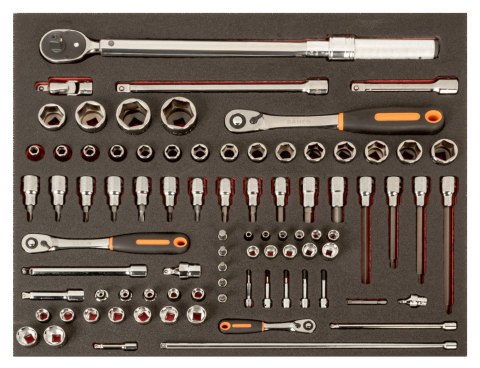BAHCO Wkładka z pianką z zestawem nasadek i klucz dynamometryczny 1/2" i 1/4" z przedłużaczami i końcówkami wkrętakowymi - 85 szt. BAH