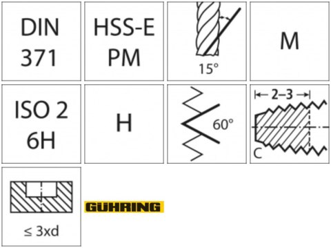 GÜHRING Gwintownik maszynowy DIN371 HSSE-PM TiALN, typ H, kszt.C, M3 GÜHRING