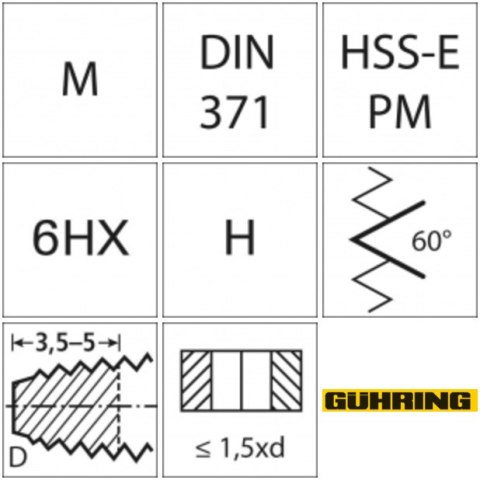 GÜHRING Gwintownik maszynowy DIN371 HSSE-PM TiCN HRC55kszt.D M4 GÜHRING