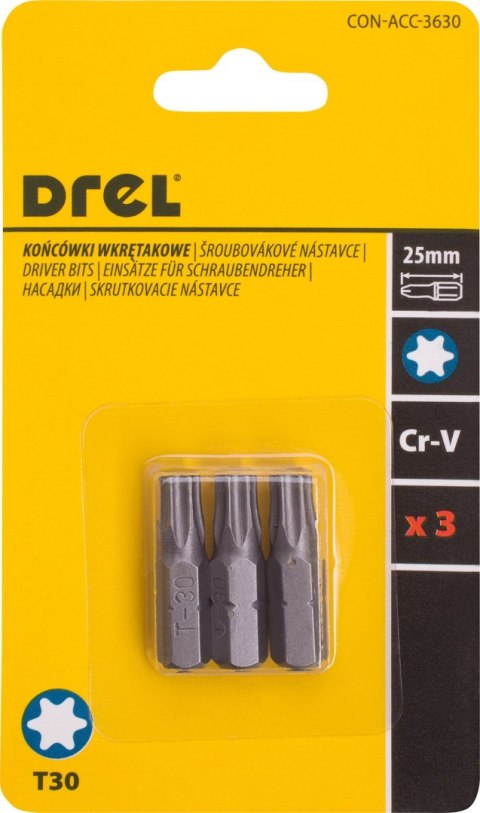 Drel Końcówki wkrętakowe Torx T30 x 25 mm, 3 szt. CON-ACC-3630