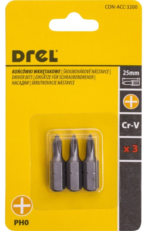 Drel Końcówki wkrętakowe krzyżowe PH0 x 25 mm, 3 szt. CON-ACC-3200