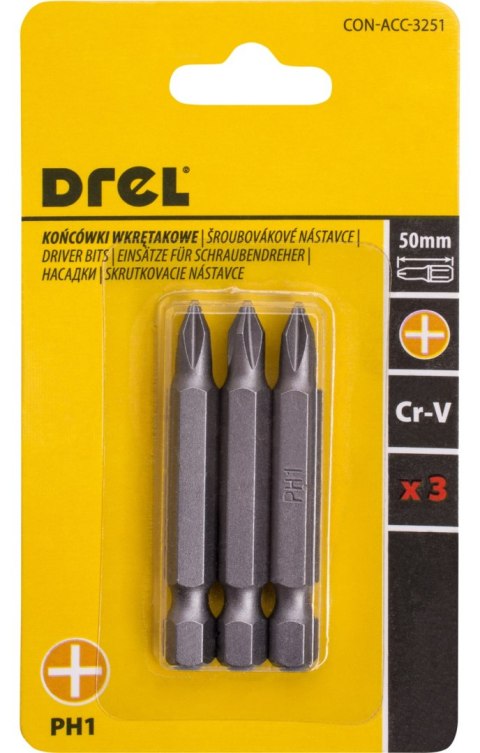 Drel Końcówki wkrętakowe krzyżowe PH1 x 50 mm, 3 szt. CON-ACC-3251