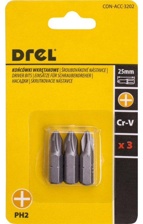 Drel Końcówki wkrętakowe krzyżowe PH2 x 25 mm, 3 szt. CON-ACC-3202