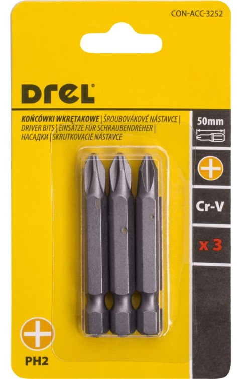 Drel Końcówki wkrętakowe krzyżowe PH2 x 50 mm, 3 szt. CON-ACC-3252