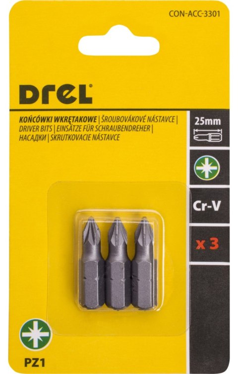 Drel Końcówki wkrętakowe krzyżowe PZ1 x 25 mm, 3 szt. CON-ACC-3301