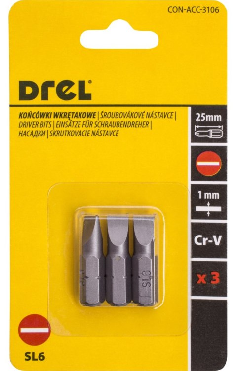 Drel Końcówki wkrętakowe płaskie SL6,0 x 25 mm, 3 szt. CON-ACC-3106