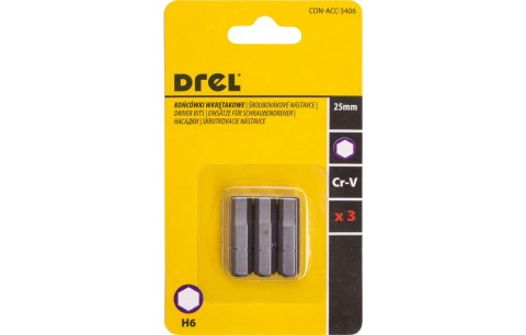 Drel Końcówki wkrętakowe sześciokątne H6 x 25 mm, 3 szt. CON-ACC-3406