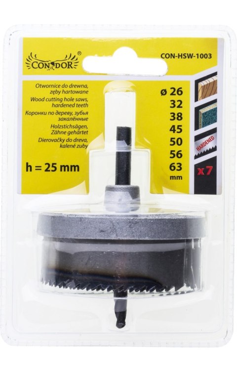 Drel Zestaw otwornic do drewna 26-63 mm, wysokość 25 mm, zęby hartowane, 7 szt. CON-HSW-1003 Drel Zestaw otwornic do drewna 26-63 mm, wysokość 25 mm, zęby hartowane, 7 szt. CON-HSW-1003