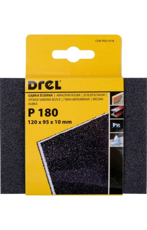 Drel Gąbka Ścierna 120 x 95 x 10 mm, P180, dwustronna CON-RSD-0118 Drel Gąbka Ścierna 120 x 95 x 10 mm, P180, dwustronna CON-RSD-0118