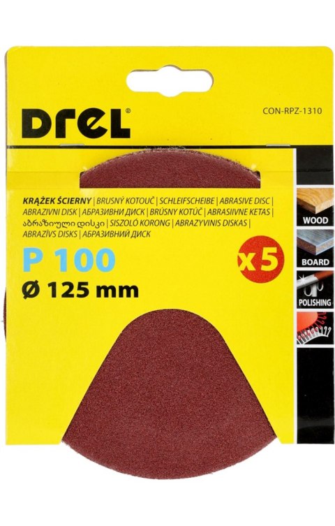 Drel Krążki ścierne 125 mm, P100, na rzep, 5 szt. CON-RPZ-1310