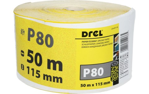 Drel Papier ścierny 115 mm, P80, żółty, 50 m, rolka CON-RRY-1108 Drel Papier ścierny 115 mm, P80, żółty, 50 m, rolka CON-RRY-1108