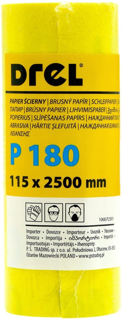 Drel Papier ścierny w rolce 2.5 m, 115 mm, P180, żółty, FSC 100%, certyfikat NC-COC-062817 CON-RMY-1118 Drel Papier ścierny w rolce 2.5 m, 115 mm, P180, żółty, FSC 100%, certyfikat NC-COC-062817 CON-RMY-1118