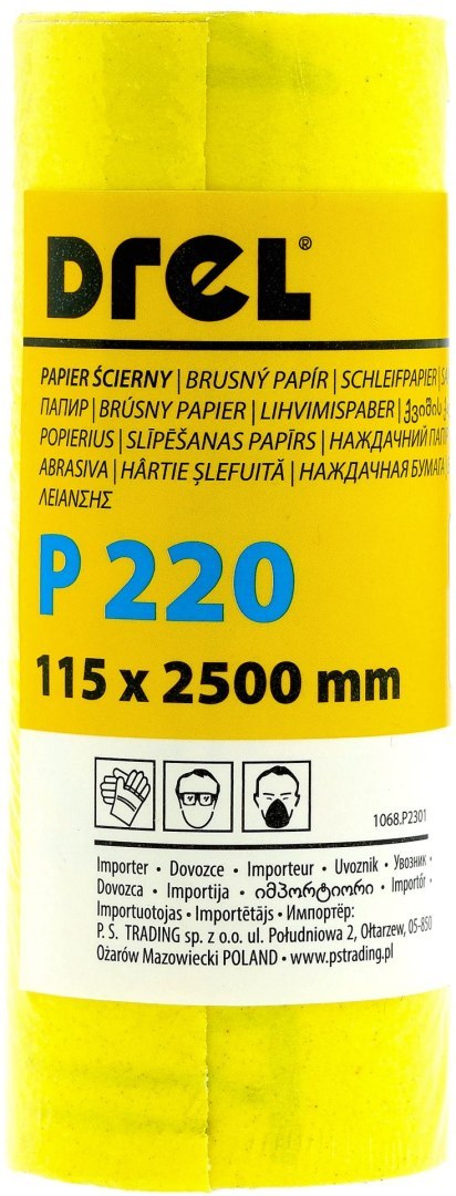 Drel Papier ścierny w rolce 2.5 m, 115 mm, P220, żółty, FSC 100%, certyfikat NC-COC-062817 CON-RMY-1122