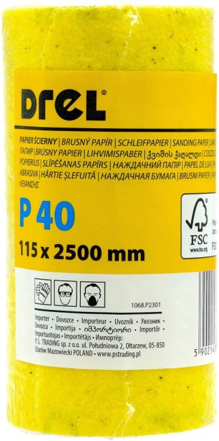 Drel Papier ścierny w rolce 2.5 m, 115 mm, P40, żółty, FSC 100%, certyfikat NC-COC-062817 CON-RMY-1104