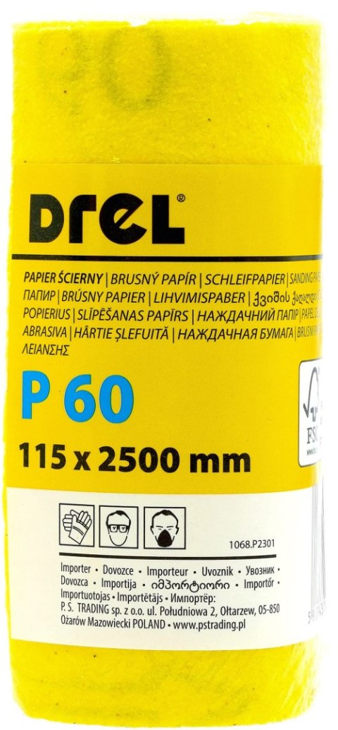 Drel Papier ścierny w rolce 2.5 m, 115 mm, P60, żółty, FSC 100%, certyfikat NC-COC-062817 CON-RMY-1106