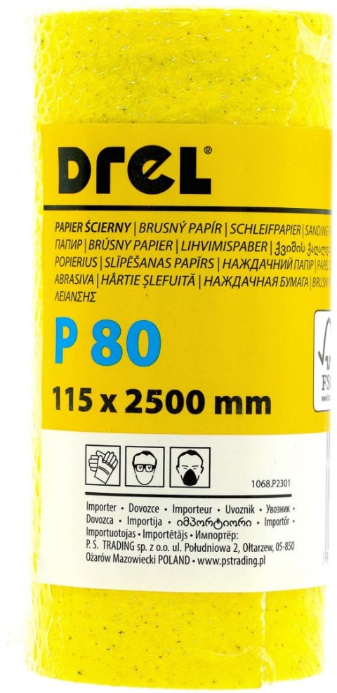 Drel Papier ścierny w rolce 2.5 m, 115 mm, P80, żółty, FSC 100%, certyfikat NC-COC-062817 CON-RMY-1108