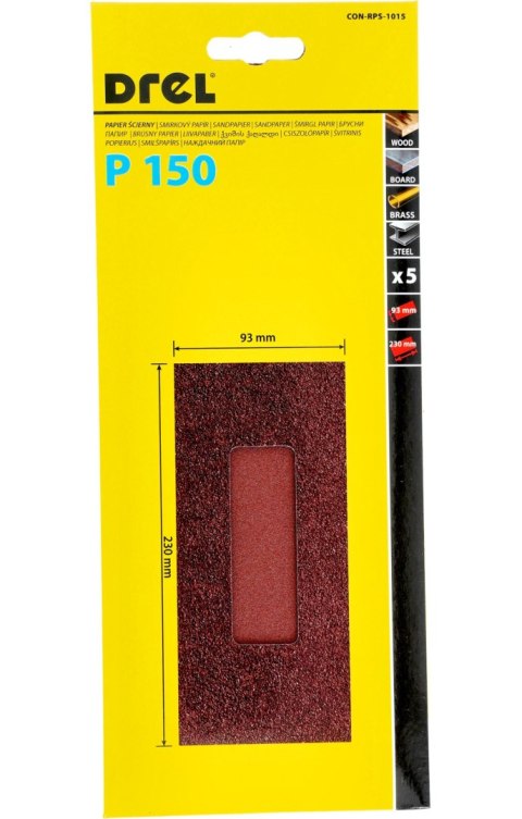 Drel Papiery ścierne 93 x 230 mm, P150, 5 szt. CON-RPS-1015 Drel Papiery ścierne 93 x 230 mm, P150, 5 szt. CON-RPS-1015