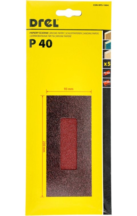 Drel Papiery ścierne 93 x 230 mm, P40, 5 szt. CON-RPS-1004 Drel Papiery ścierne 93 x 230 mm, P40, 5 szt. CON-RPS-1004