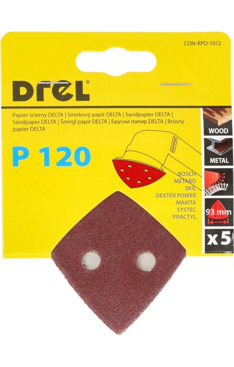 Drel Papiery ścierne delta na rzep 93 x 93 mm, P120, 5 szt. CON-RPD-1012