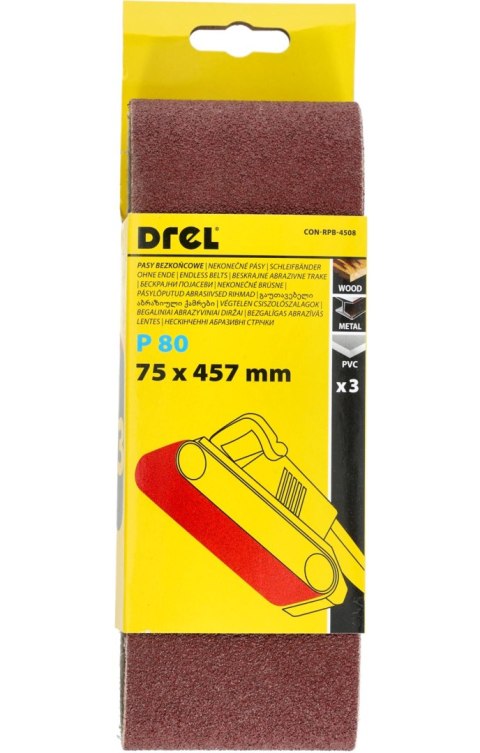 Drel Pasy bezkońcowe 75 x 457 mm, P80, 3 szt. CON-RPB-4508 Drel Pasy bezkońcowe 75 x 457 mm, P80, 3 szt. CON-RPB-4508