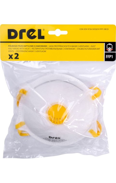 Drel Półmaski filtrujące FFP1, z zaworkiem, 2 szt. CON-SDV-9726 Drel Półmaski filtrujące FFP1, z zaworkiem, 2 szt. CON-SDV-9726