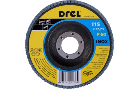 Drel Ściernica listkowa 115 x 22.2 mm, P60, cyrkonowa, INOX CON-RTZ-1106