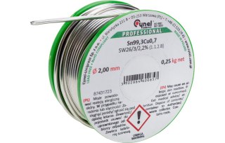 Cynel Spoiwo lutownicze bezołowiowe 2.0 mm, 250 g, Sn99.3Cu0.7, topnik SW26, szpulka CU1-SW26-20250