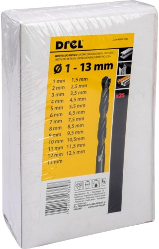 Drel Zestaw wierteł do metalu 1.0-13.0 mm, metalowe pudełko, 25 szt. CON-XWM-1130