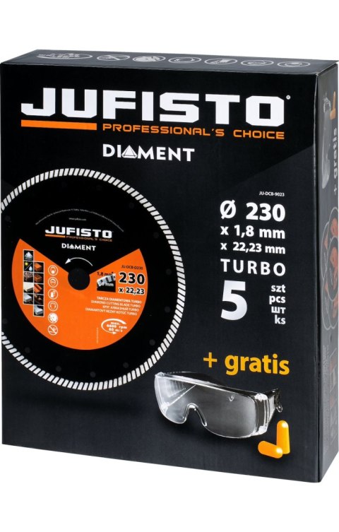 Jufisto Zestaw tarcz diamentowych 230 x 22.2 mm, Turbo, gratis okulary i zatyczki, 5 szt. JU-DCB-9023