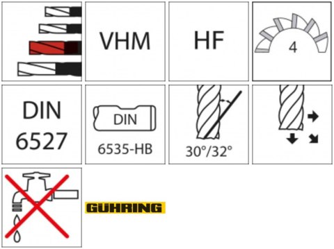 GÜHRING Frez d.obr.zgrub.,dlugi DIN6527,pelnoweglik. FIRE,typ HF 4-ostrz., 6mm GÜHRING