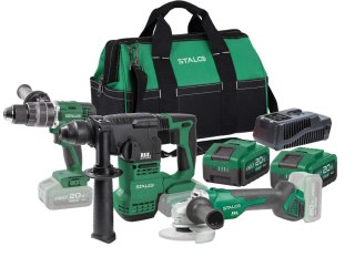 Stalco Zestaw młotowiertarka+wkrętarka+szlifierka+2x 4Ah