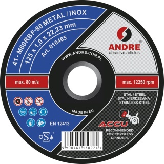Andre Tarcza do cięcia metalu INOX ACCU do szlifierka akumulatorowych 125x1mm 010465
