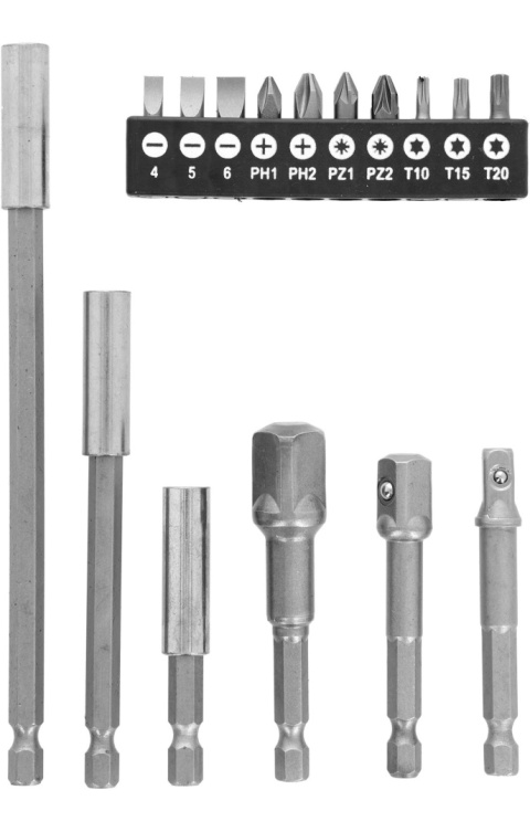 Drel Zestaw końcówek do wkrętarki uchwyty, bity, adaptery 16szt. CON-ANR-3016