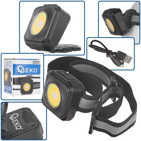 GEKO Latarka czołowa wstrząsoodporna z odblaskiem LED COB 3W 500mAh 500lm IP44 (240) G15117