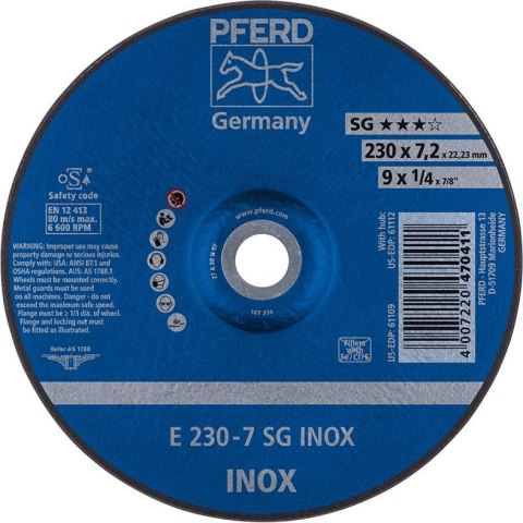 PFERD Tarcza scierna do obr. zgrubnej, odsadzona do V2A A30NSG 230x7,2mm PFERD