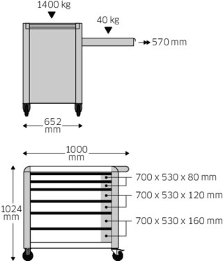 STAHLWILLE Wózek warsztatowy TTS 6-szufl. czerwony z nakładkami; 1000x1024x652mm, max obciążenie: 40kg na szufladę; 1400 kg na wózek; ST