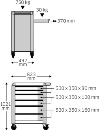 STAHLWILLE Wózek warsztatowy TTS 6-szufl.niebieski z nakładkami, 1021x823x 497 mm; max obciążenie: 30kg na szufladę; 750 kg na wózek STAH