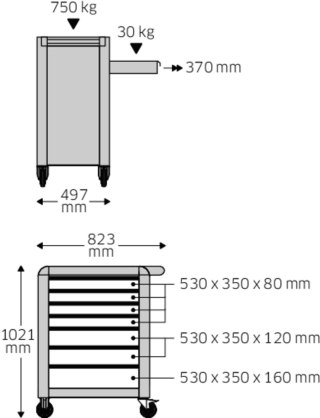 STAHLWILLE Wózek warsztatowy TTS 7-szufl.antracytowy z nakładkami, 1021x823x 497 mm; max obciążenie: 30kg na szufladę; 750 kg na wózek STAH