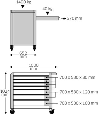 STAHLWILLE Wózek warsztatowy TTS 7-szuflad antracytowy z nakładkami, 1000x1024x 652 mm; max obciążenie: 40kg na szufladę; 1400 kg na wózek