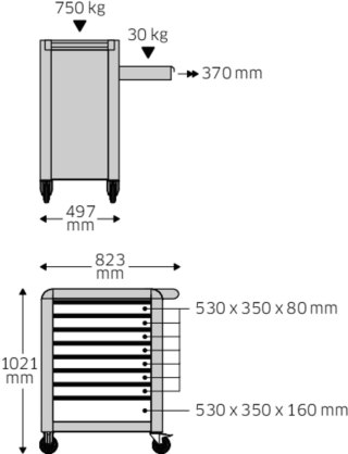 STAHLWILLE Wózek warsztatowy TTS 8-szufl. antracytowy z nakładkami, 1021x823x 497 mm; max obciążenie: 30kg na szufladę; 750 kg na wózek ST