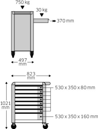 STAHLWILLE Wózek warsztatowy TTS Basic 8-szufl. antracytowy z nakładkami; 823x497x1021mm, max obciążenie: 30kg na szufladę; 750 kg na wóz