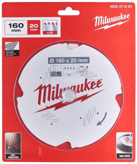 Milwaukee piła tarczowa 160x20x2,2x4z cement włóknisty 4932471293 Milwaukee piła tarczowa 160x20x2,2x4z cement włóknisty 4932471293