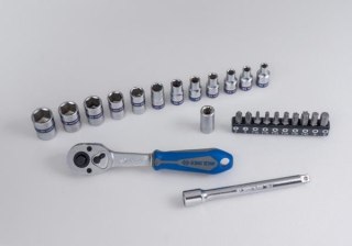 King Tony ZESTAW NARZĘDZI 1/4" 25cz. NASADKI KRÓTKIE, 6-kąt. 4 - 13mm Z GRZECHOTKĄ I AKCESORIAMI, KASETA King Tony