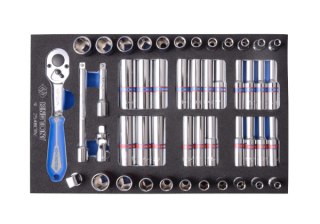 King Tony ZESTAW NASADEK 1/4" 48cz. KRÓTKIE/DŁUGIE, 6-kąt. 4 - 13mm, CALOWE 5/32"-1/2" Z AKCESORIAMI, WKŁAD Z PIANKI EVA DO WÓZKA King Ton