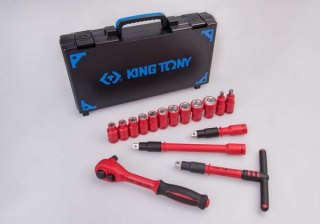 King Tony ZESTAW NASADEK IZOLOWANYCH 1/2" 16cz. KRÓTKIE, 6-kąt. 8 - 24mm, Z AKCESORIAMI, CHROM, KASETA Z TWORZYWA King Tony