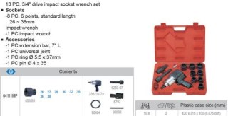 King Tony ZESTAW- KLUCZ UDAROWY PNEUMATYCZNY 3/4" 1085Nm + NASADKI UDAROWE 3/4" 26-38mm Z AKCESORIAMI, WALIZKA, 14 cz. King Tony