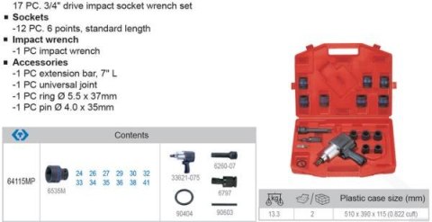 King Tony ZESTAW KLUCZ UDAROWY PNEUMATYCZNY 3/4" 1085Nm+ ZESTAW NASADEK UDAROWYCH 3/4" 24 - 41mm Z AKCESORIAMI,17 cz. King Tony